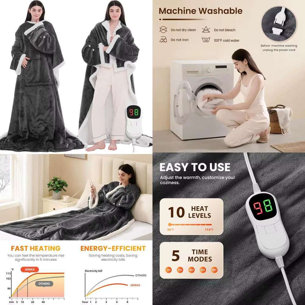 Wearable Heated Blanket with Sleeves & Foot Pockets - 10-Level Adjustable Flannel Hoodie for Adults (50X75, Grey)
