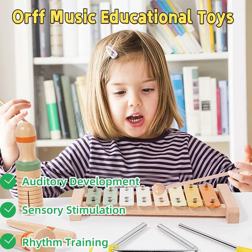 Wooden Orff Music Educational Toys for Kids Early Childhood Sensory Development Percussion Set with Maracas Castanets Hand Bells