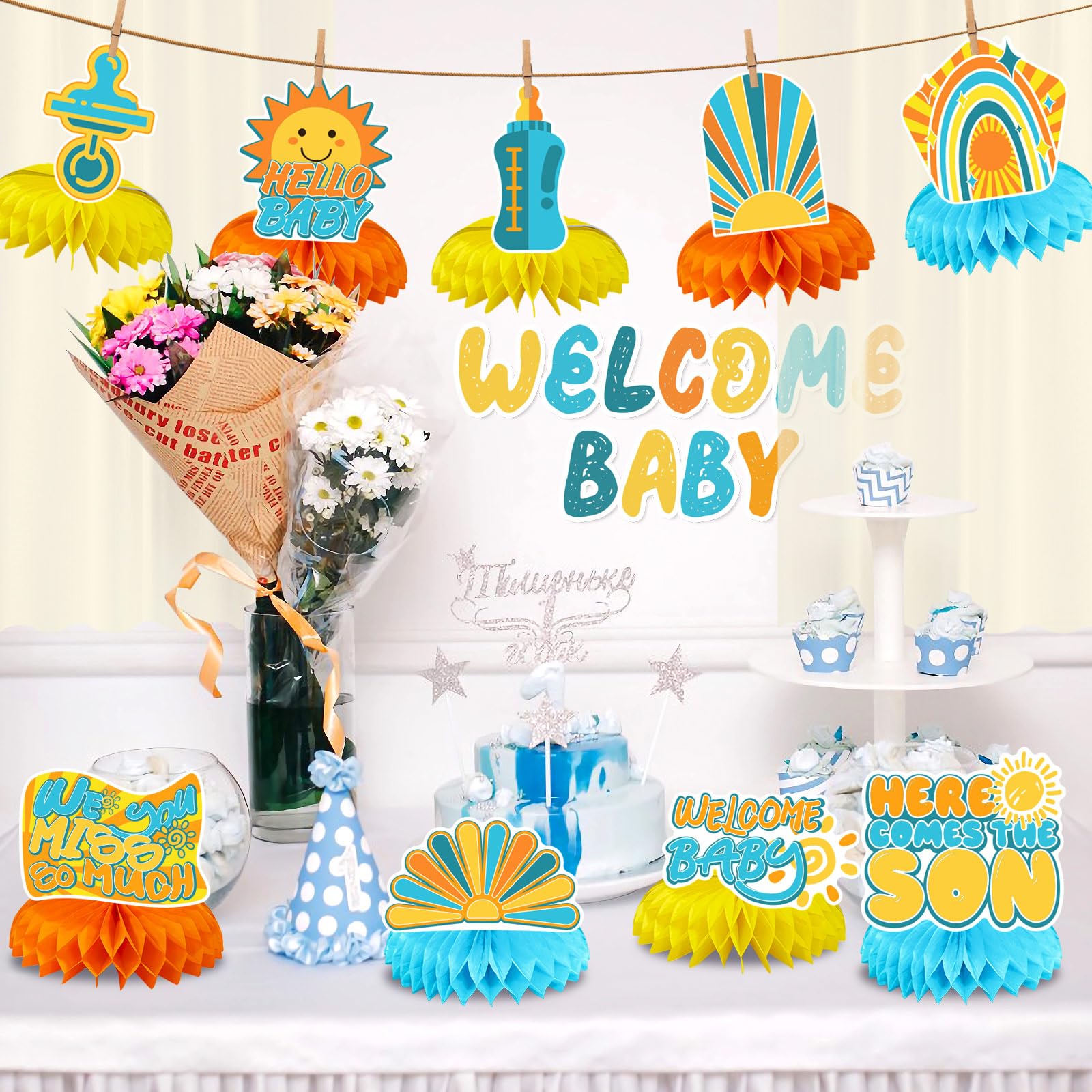 Boho Rainbow Sun Gender Reveal Decor Set, Sunshine Baby Shower Honeycomb Centerpieces - Georgenest.com