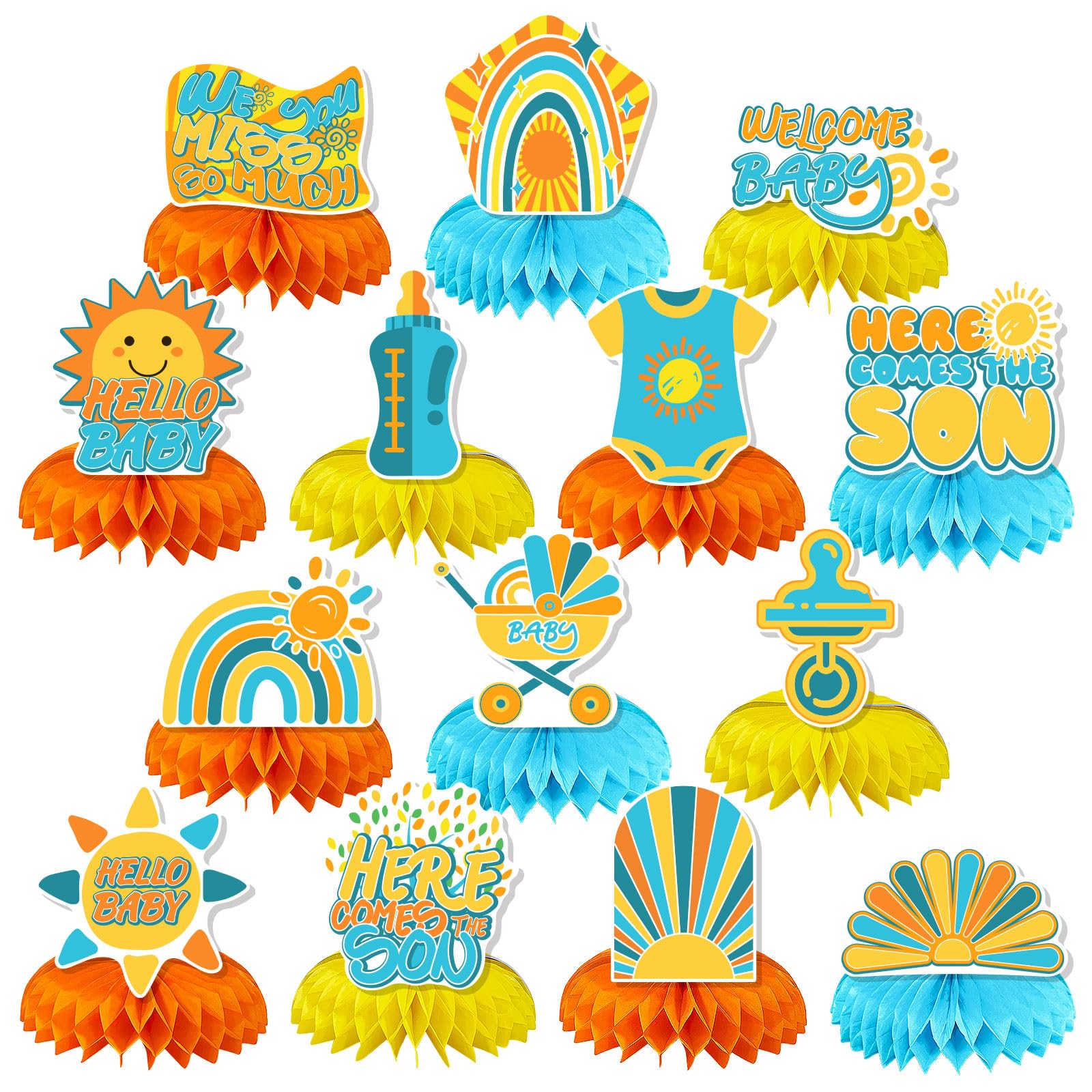 Boho Rainbow Sun Gender Reveal Decor Set, Sunshine Baby Shower Honeycomb Centerpieces - Georgenest.com