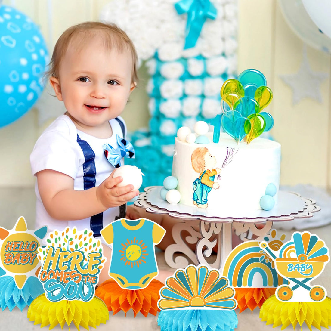 Boho Rainbow Sun Gender Reveal Decor Set, Sunshine Baby Shower Honeycomb Centerpieces - Georgenest.com