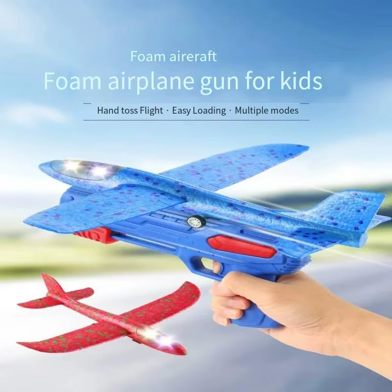 Glowing Foam Aircraft 10M Launcher Catapult Glider Aircraft Gun Toy Children'S Outdoor Game Bubble Model Shooting Flying Roundab