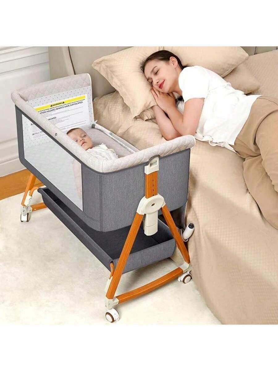 6-Level Height Adjustment Baby Bedside Crib with Wheels and Mosquito Net - Georgenest.com