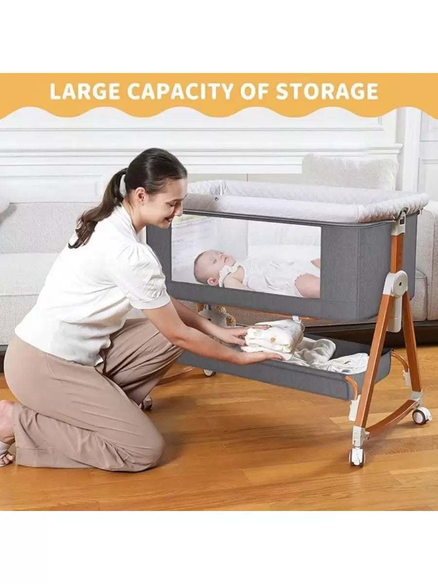 6-Level Height Adjustment Baby Bedside Crib with Wheels and Mosquito Net - Georgenest.com
