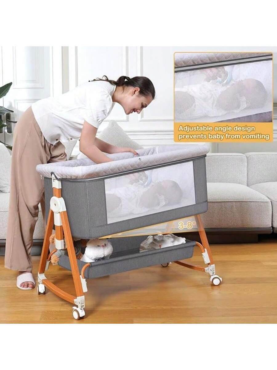6-Level Height Adjustment Baby Bedside Crib with Wheels and Mosquito Net - Georgenest.com
