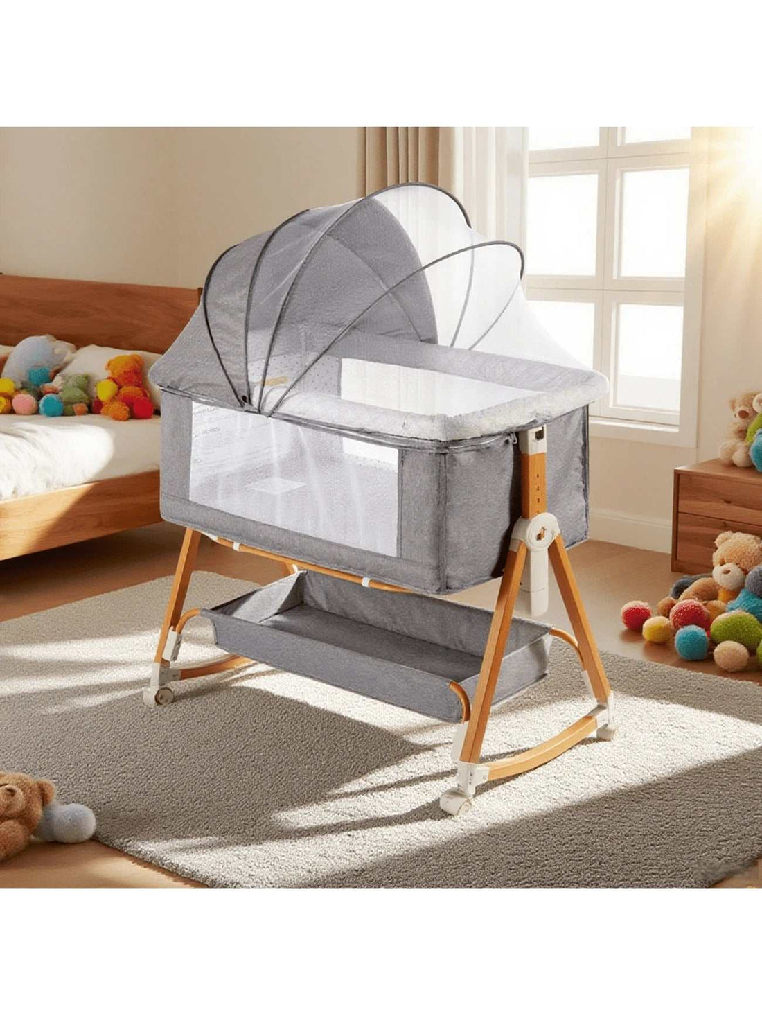 6-Level Height Adjustment Baby Bedside Crib with Wheels and Mosquito Net - Georgenest.com