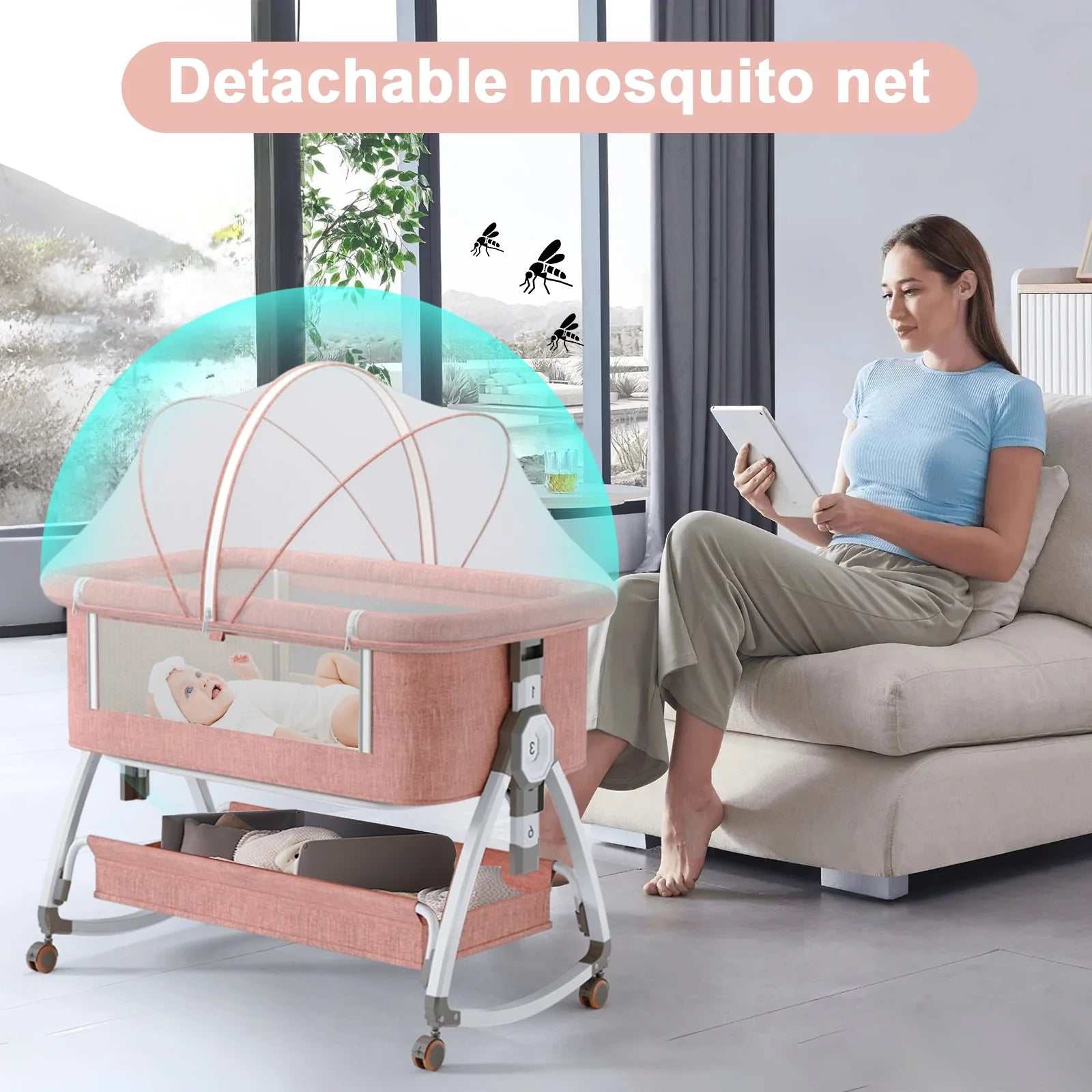 6-in-1 Adjustable Folding Baby Bassinet and Crib with Changing Table, Pink - Georgenest.com