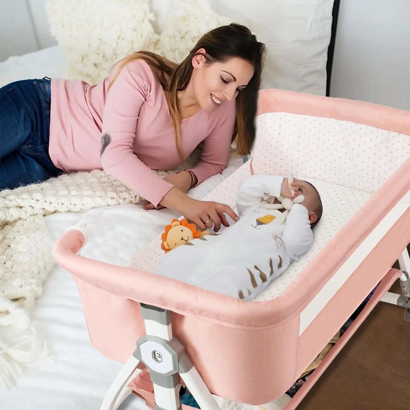6-in-1 Adjustable Folding Baby Bassinet and Crib with Changing Table, Pink - Georgenest.com
