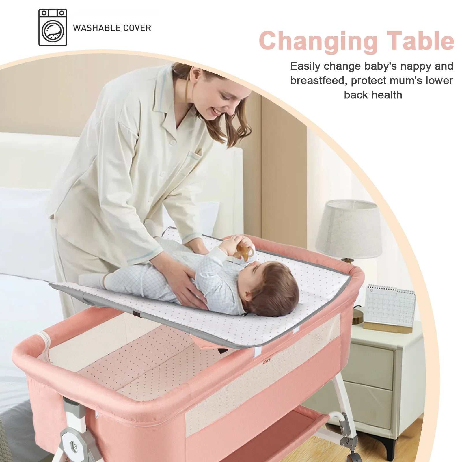 6-in-1 Adjustable Folding Baby Bassinet and Crib with Changing Table, Pink - Georgenest.com