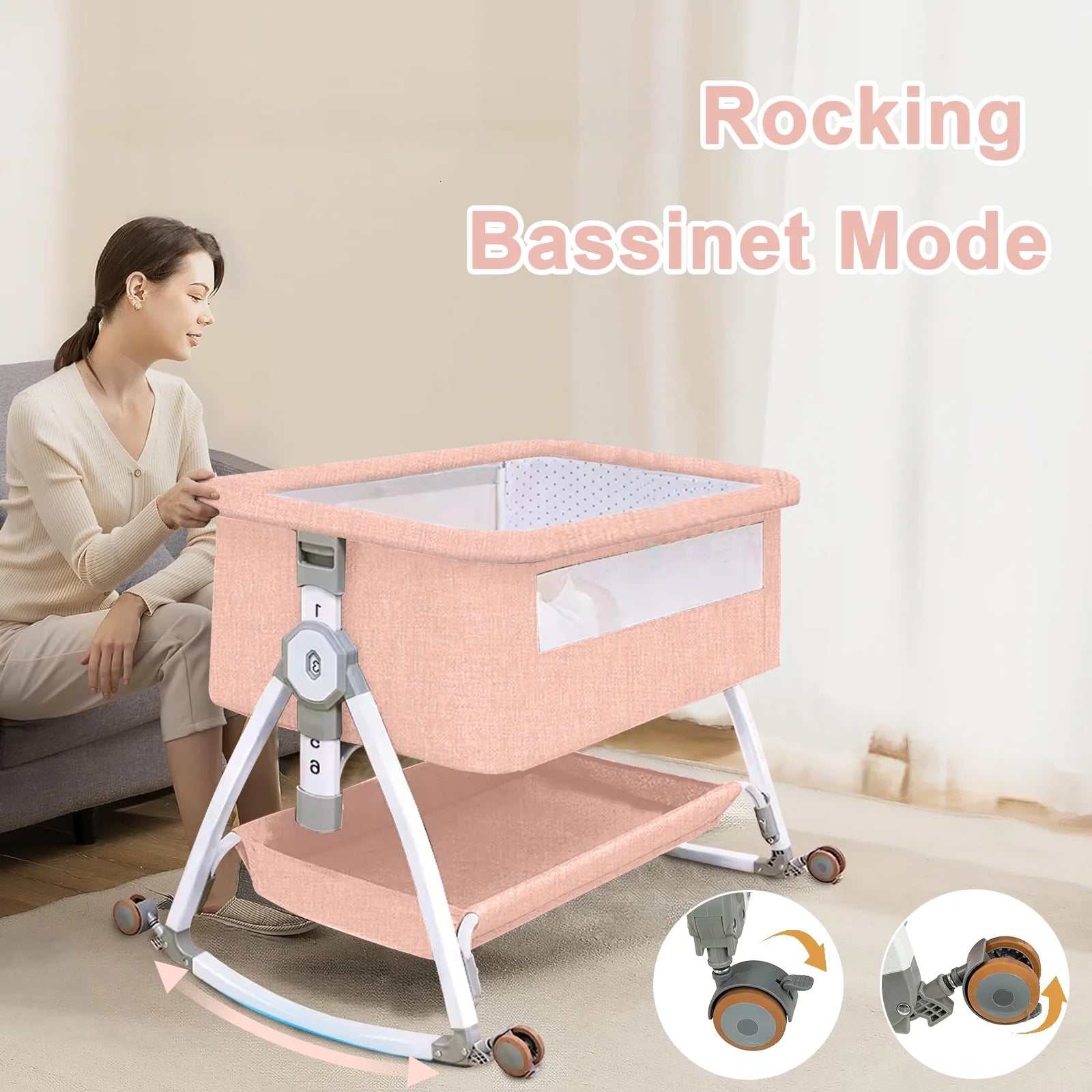 6-in-1 Adjustable Folding Baby Bassinet and Crib with Changing Table, Pink - Georgenest.com