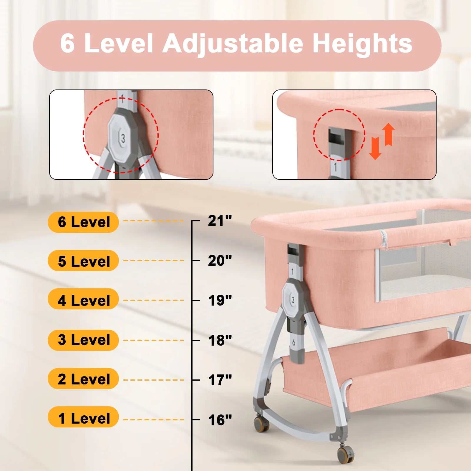 6-in-1 Adjustable Folding Baby Bassinet and Crib with Changing Table, Pink - Georgenest.com