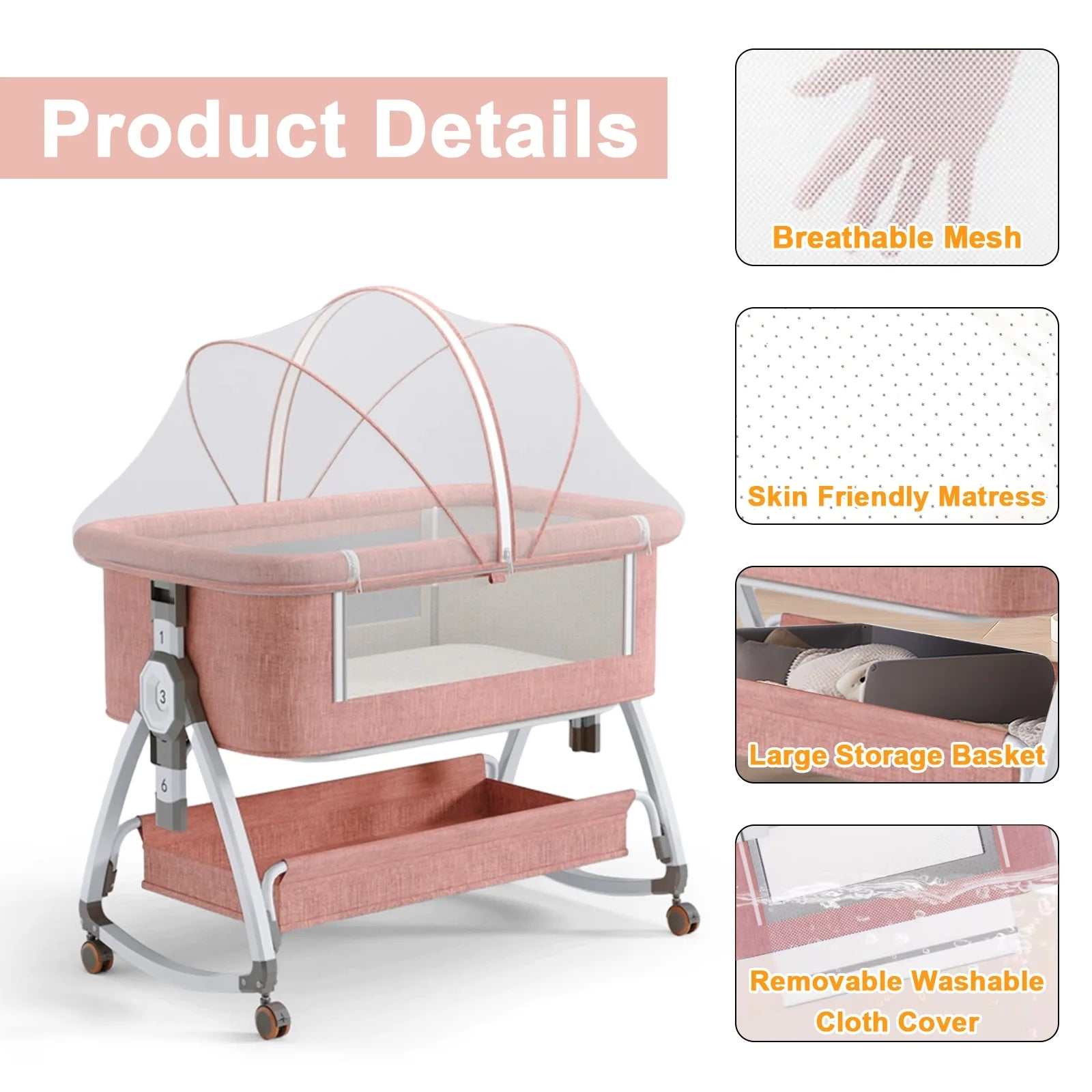 6-in-1 Adjustable Folding Baby Bassinet and Crib with Changing Table, Pink - Georgenest.com