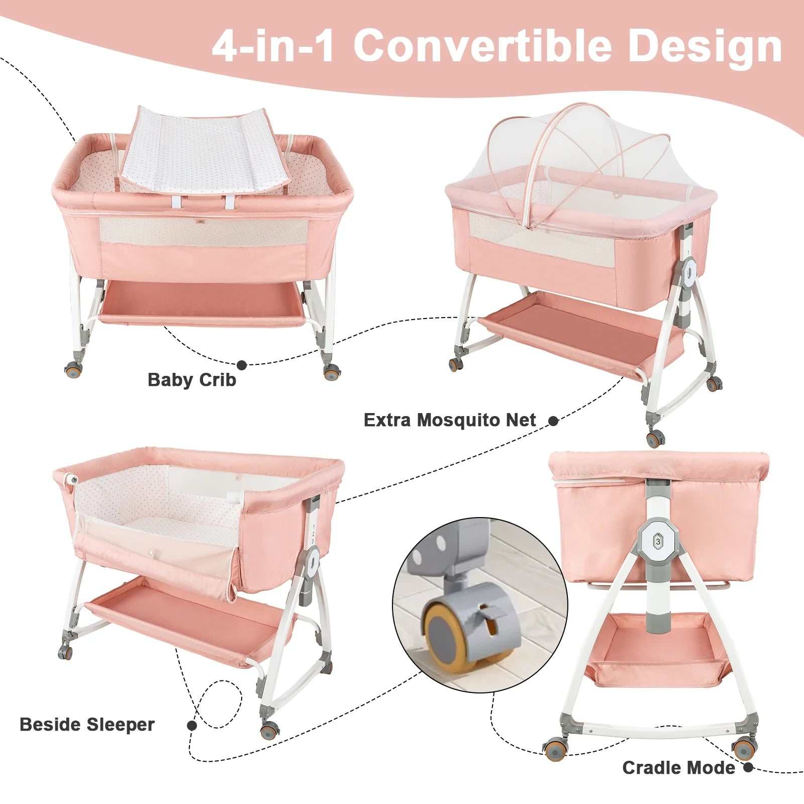 6-in-1 Adjustable Folding Baby Bassinet and Crib with Changing Table, Pink - Georgenest.com