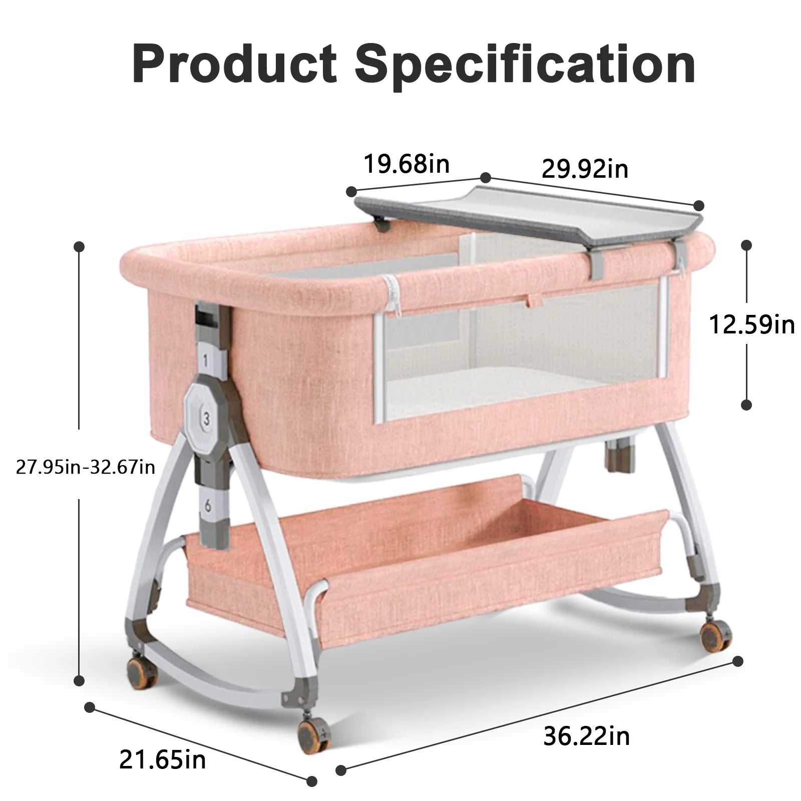 6-in-1 Adjustable Folding Baby Bassinet and Crib with Changing Table, Pink - Georgenest.com