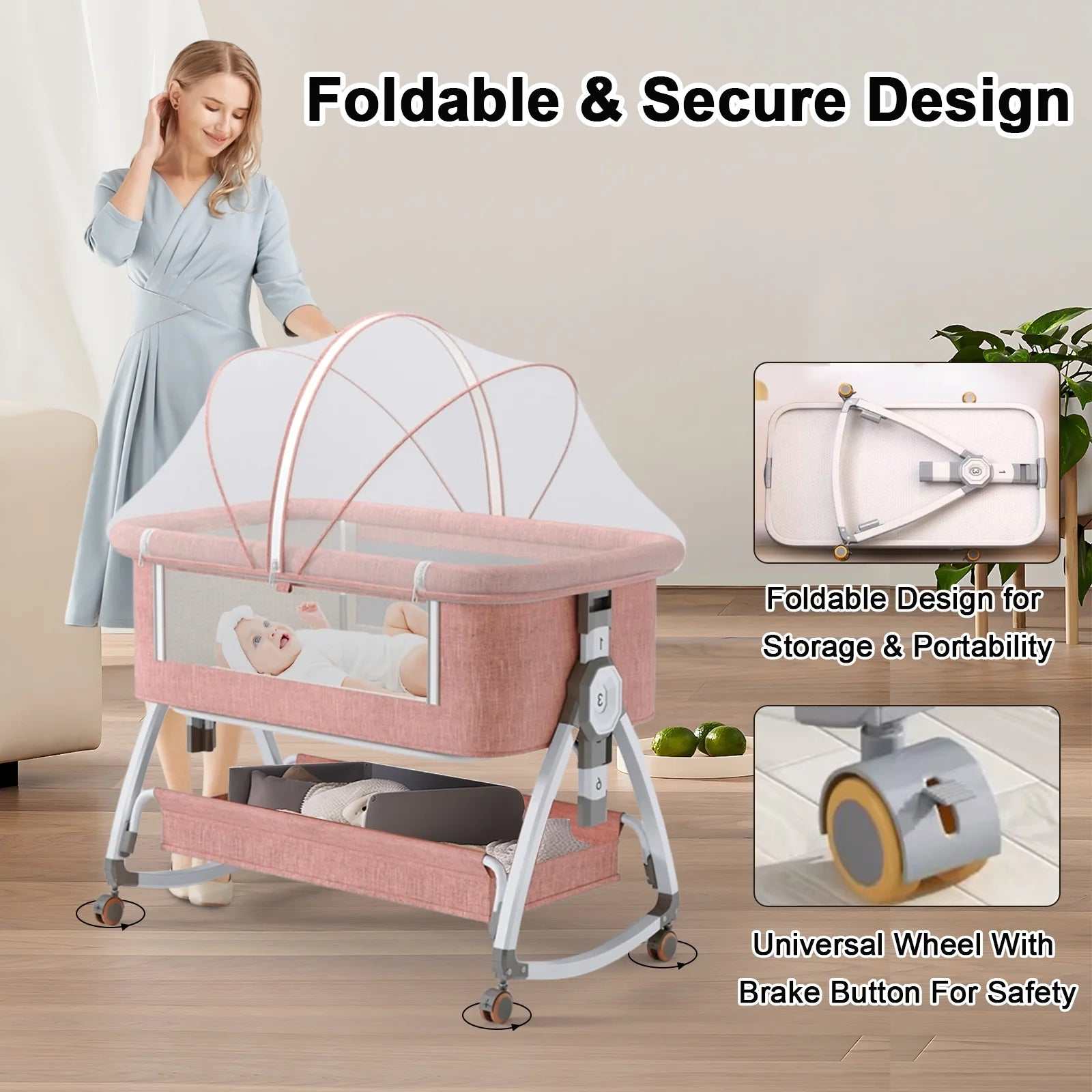 6-in-1 Adjustable Folding Baby Bassinet and Crib with Changing Table, Pink - Georgenest.com