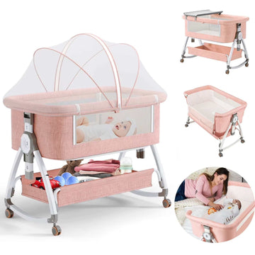 6-in-1 Adjustable Folding Baby Bassinet and Crib with Changing Table, Pink - Georgenest.com
