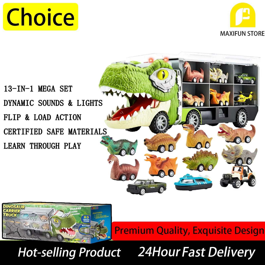 Dinosaur Truck Toy 13-In-1 Dinosaur Car with Lights Sounds Educational Learning Toys Best Gift for Kids Birthday Christmas