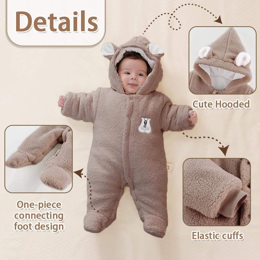 Newborn Fleece Footie Jumpsuit Hooded Warm Thicken Winter Outwear Snowsuit for Baby Girls and Boys