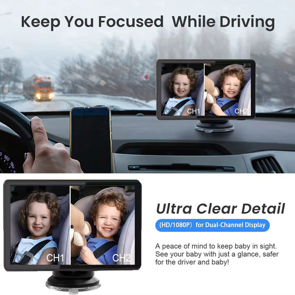 1080P Dual Lens Car Baby Monitor, 3 Installation Methods, Rear Seat Visible, Adjustable Lens, 5-Inch IPS Screen