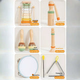 Wooden Orff Music Educational Toys for Kids Early Childhood Sensory Development Percussion Set with Maracas Castanets Hand Bells