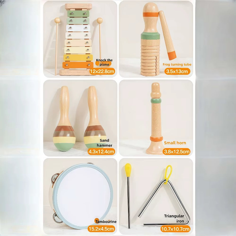 Wooden Orff Music Educational Toys for Kids Early Childhood Sensory Development Percussion Set with Maracas Castanets Hand Bells