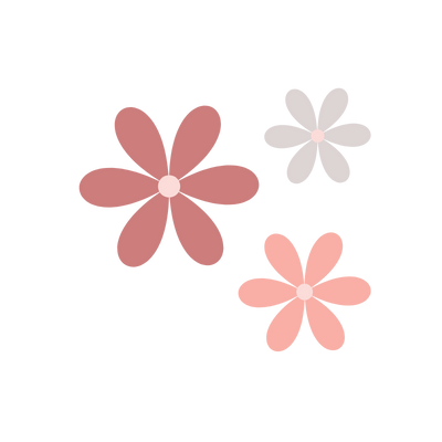 Three stylized flowers in pink and gray on a white background