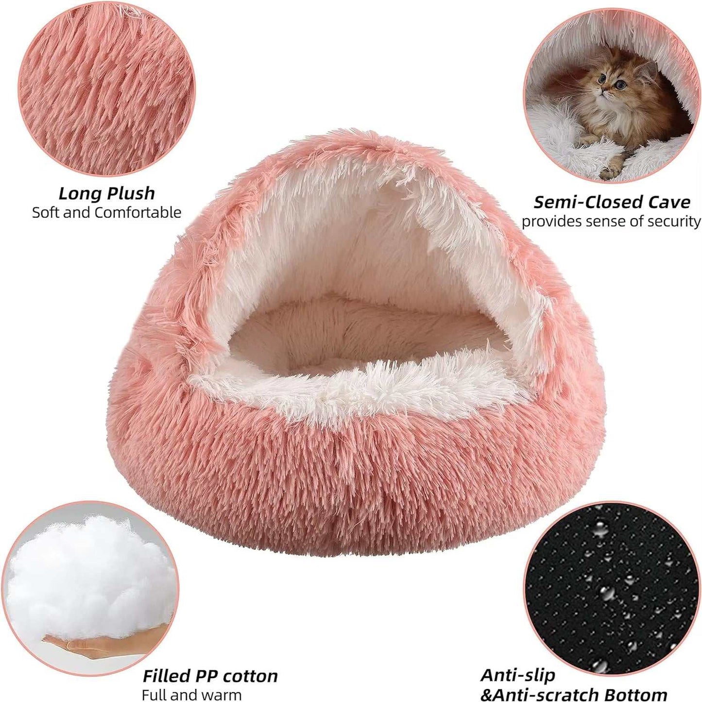 Cat Bed Round Fluffy Cave –Hooded Donut Bed for Indoor Cats & Dogs bed