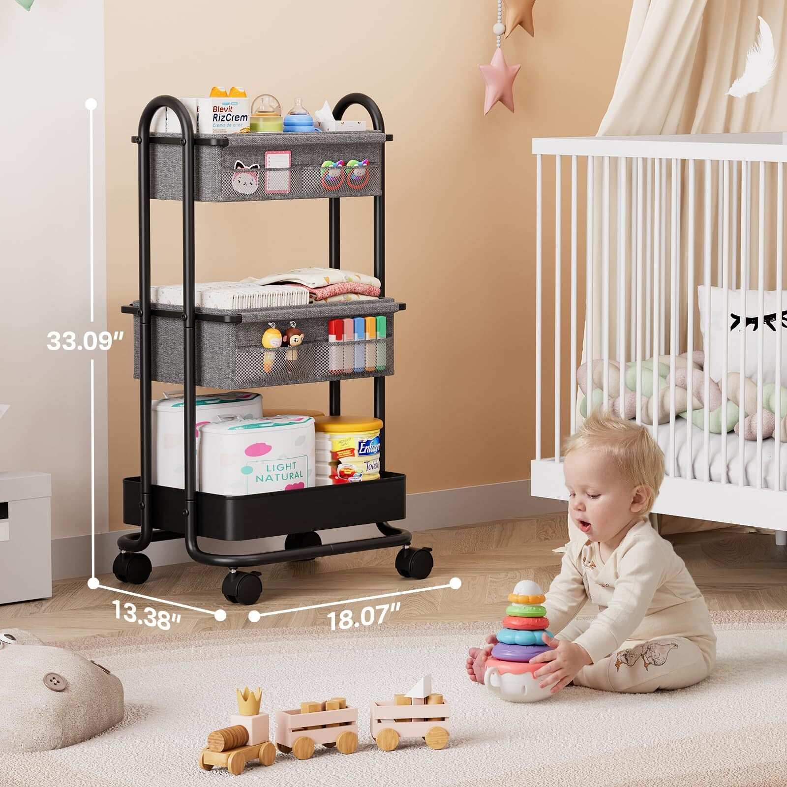 3 Tier Baby Diaper Caddy Cart with Wheels - Georgenest.com