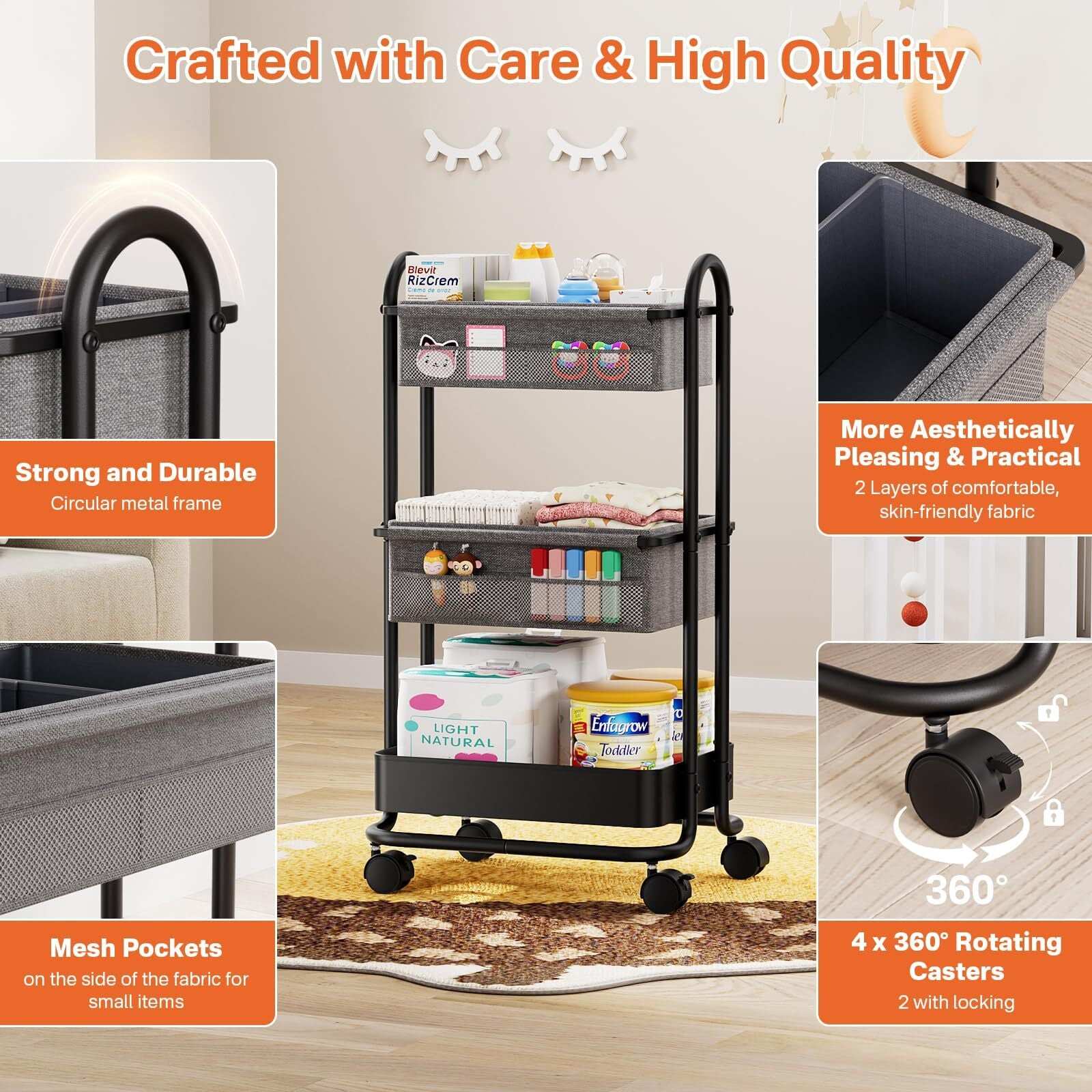 3 Tier Baby Diaper Caddy Cart with Wheels - Georgenest.com