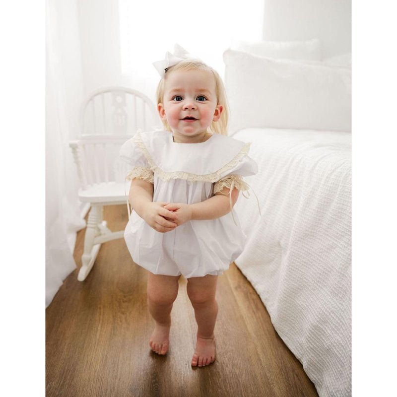 Baby Girl White Lace Romper Soft & Stylish Short Sleeve Bubble Jumpsuit For Wedding Season & Summer - Georgenest.com