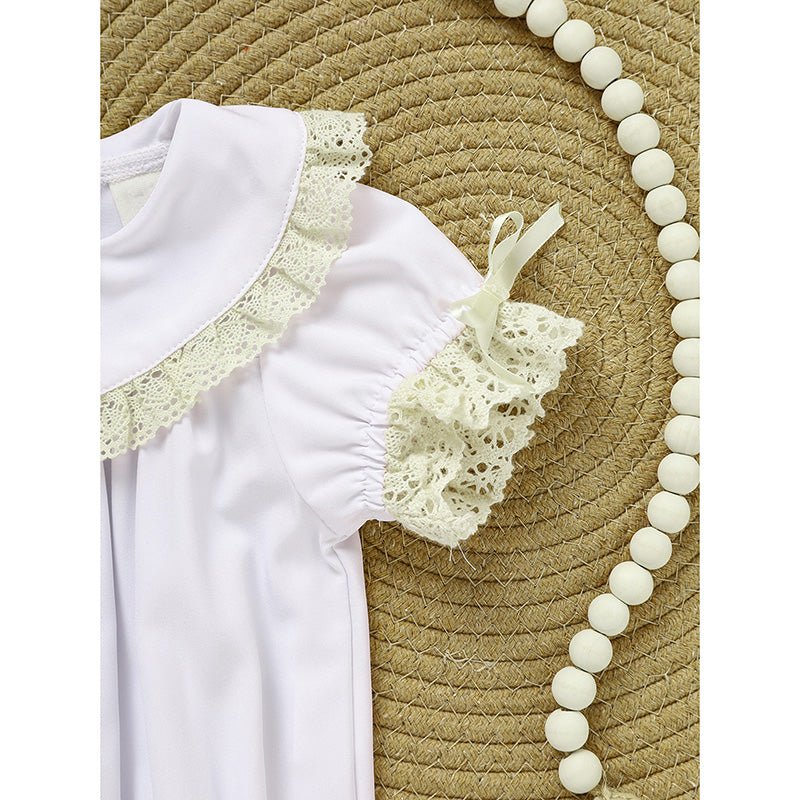 Baby Girl White Lace Romper Soft & Stylish Short Sleeve Bubble Jumpsuit For Wedding Season & Summer - Georgenest.com