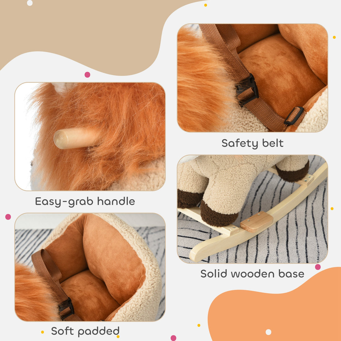 Lion Rocking Horse with Sound, Plush Stuffed Animals, Wooden Rocker for Toddlers, Brown - Georgenest.com