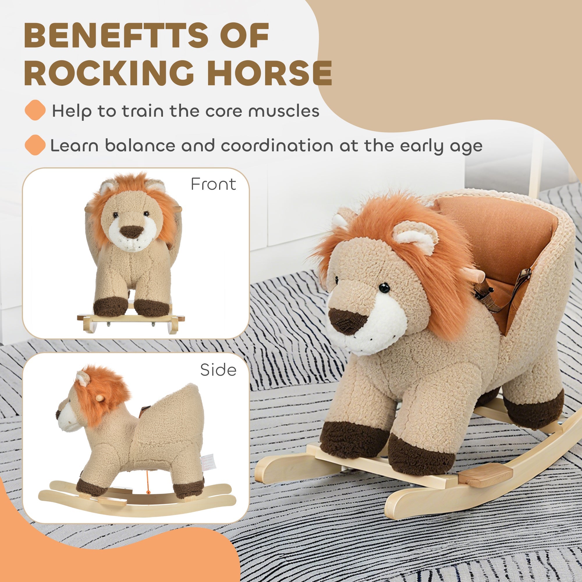 Lion Rocking Horse with Sound, Plush Stuffed Animals, Wooden Rocker for Toddlers, Brown - Georgenest.com