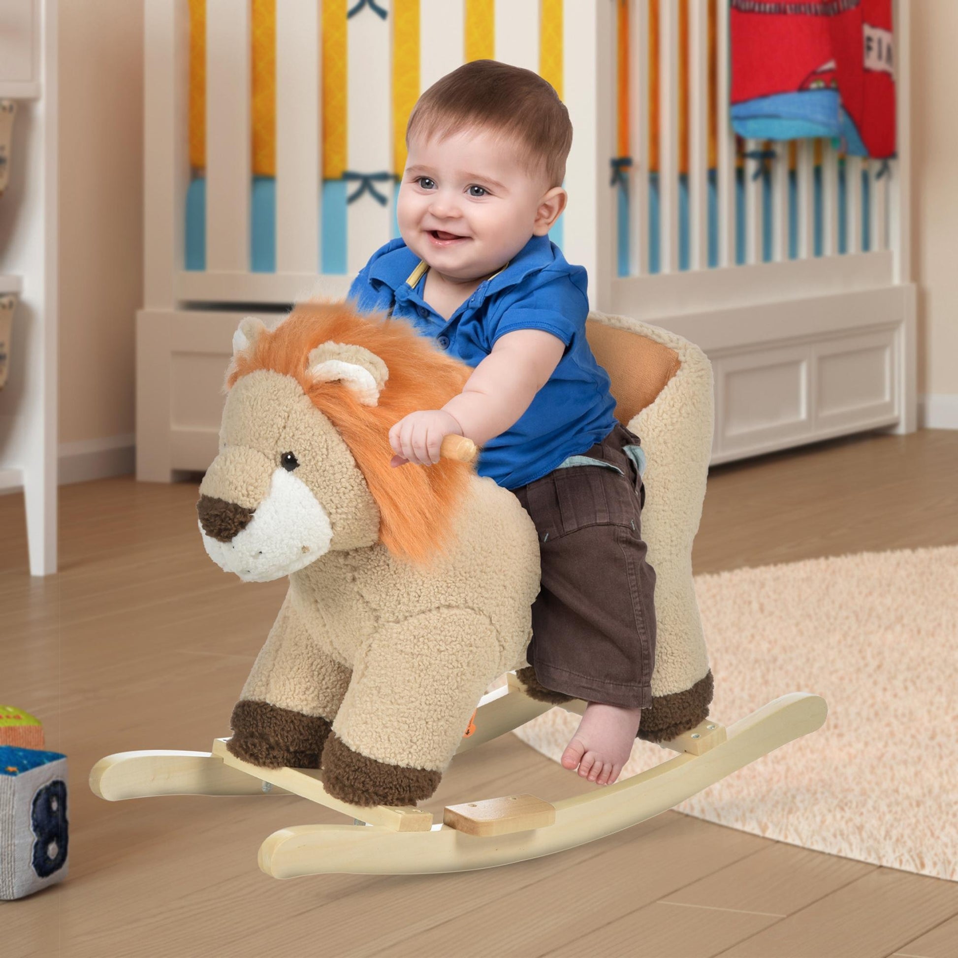 Lion Rocking Horse with Sound, Plush Stuffed Animals, Wooden Rocker for Toddlers, Brown - Georgenest.com