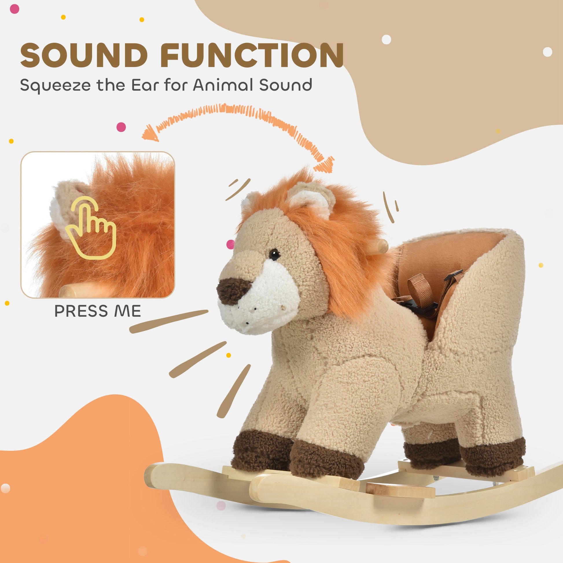 Lion Rocking Horse with Sound, Plush Stuffed Animals, Wooden Rocker for Toddlers, Brown - Georgenest.com