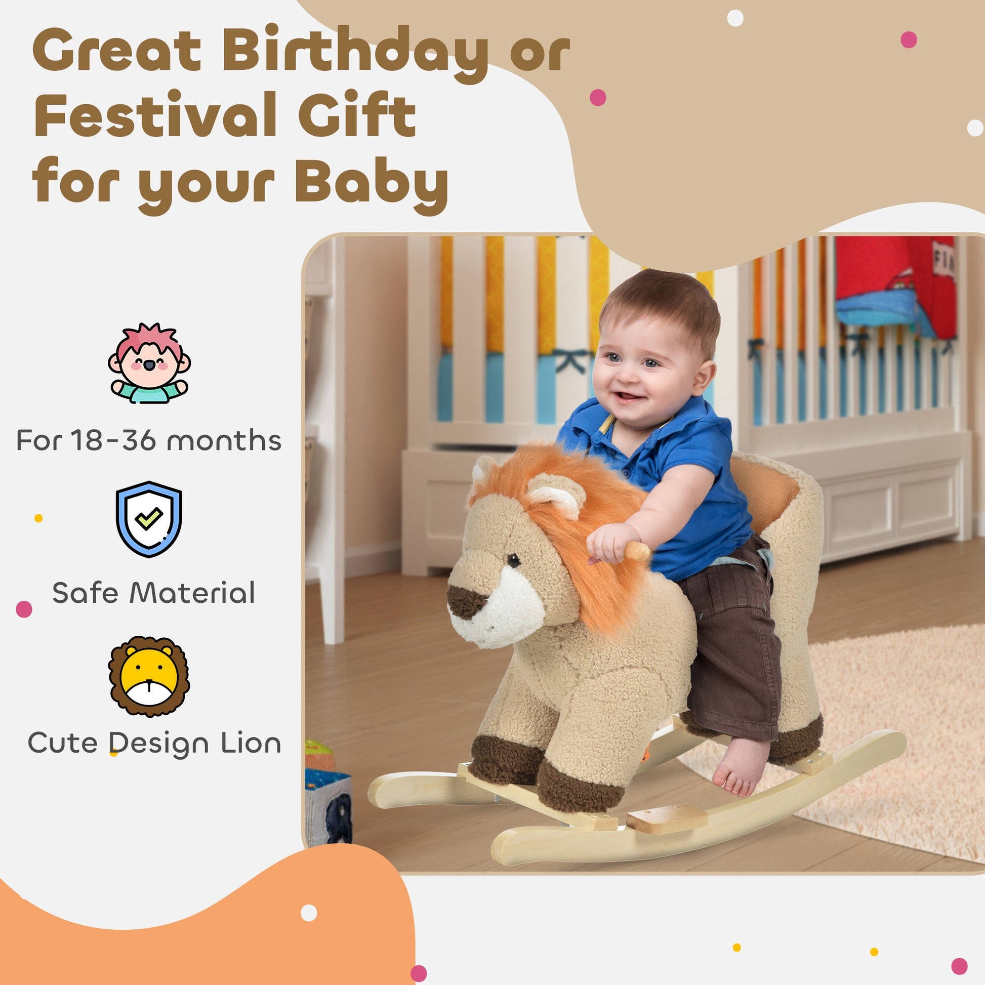 Lion Rocking Horse with Sound, Plush Stuffed Animals, Wooden Rocker for Toddlers, Brown - Georgenest.com