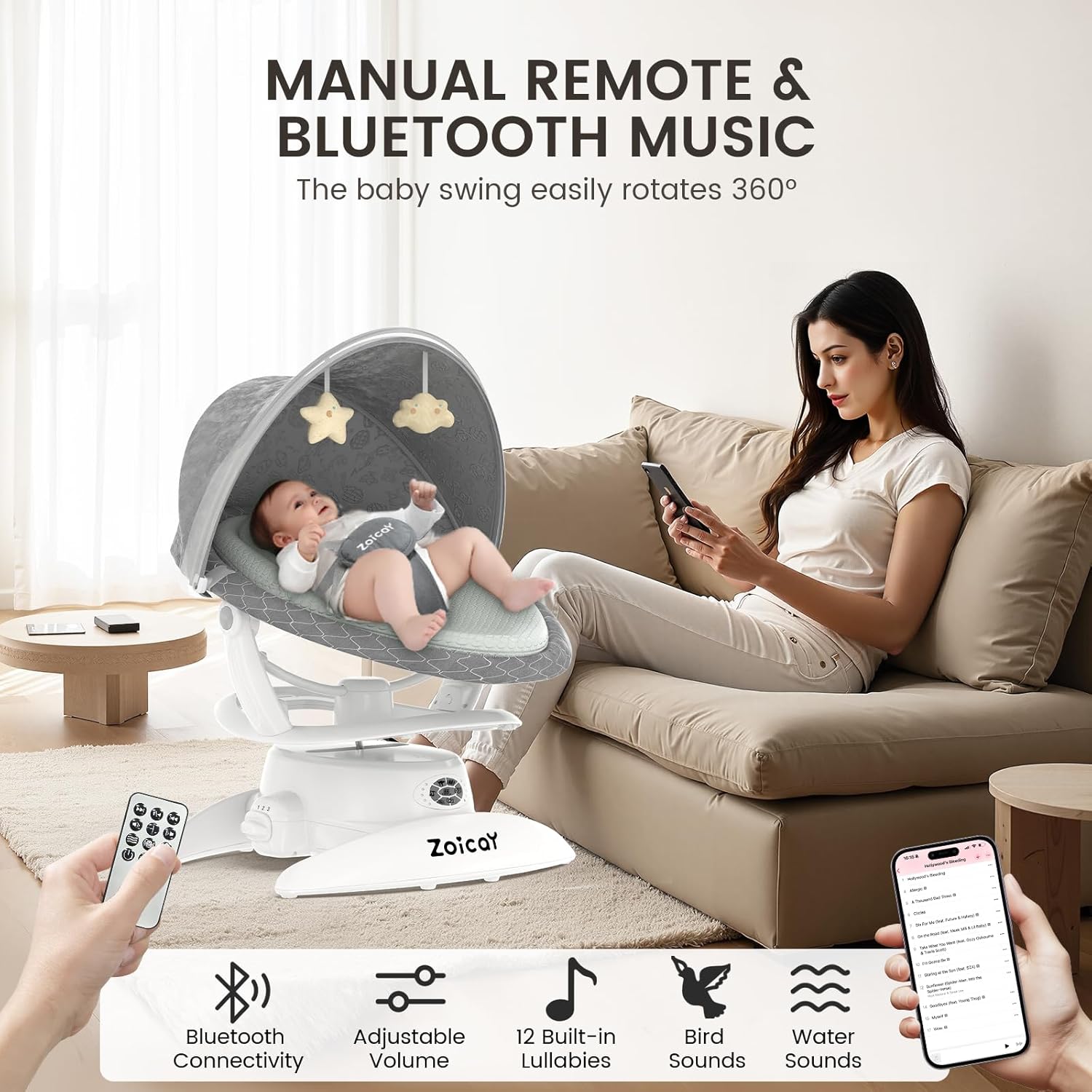Smart Baby Swing with Motion Detection, 3 Modes, 12 Lullabies, 5 Speeds - Georgenest.com