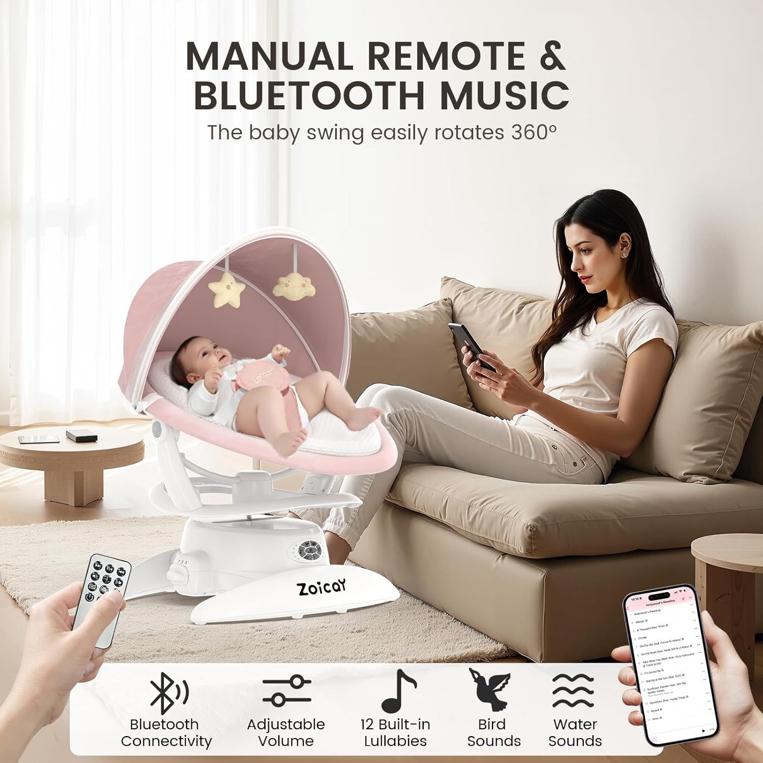 Smart Baby Swing with Motion Detection, 3 Modes, 12 Lullabies, 5 Speeds - Georgenest.com