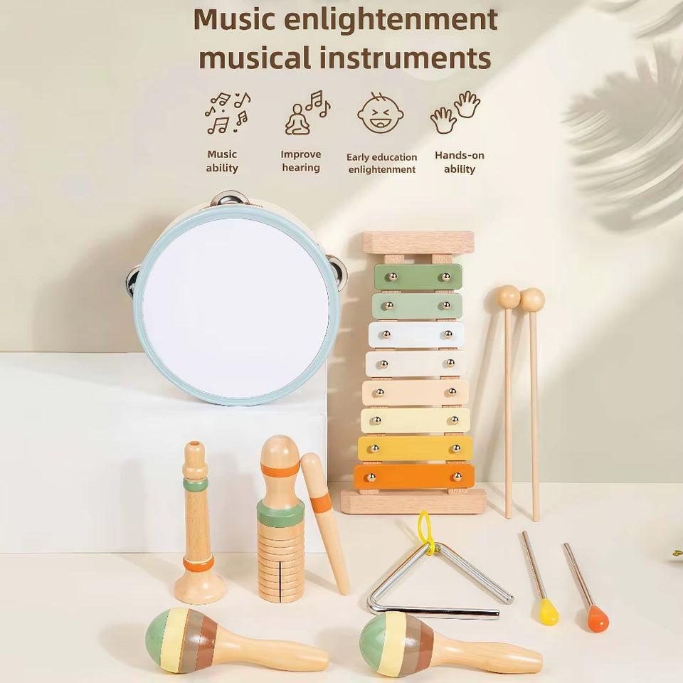 Wooden Orff Music Educational Toys for Kids Early Childhood Sensory Development Percussion Set with Maracas Castanets Hand Bells