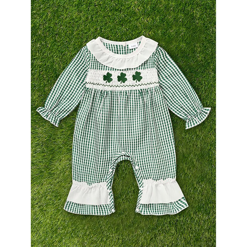 Ewborn Baby Girls Green Plaid Four - leaf Clover Allover Print One - piece Long Sleeve Bodysuit - Georgenest.com