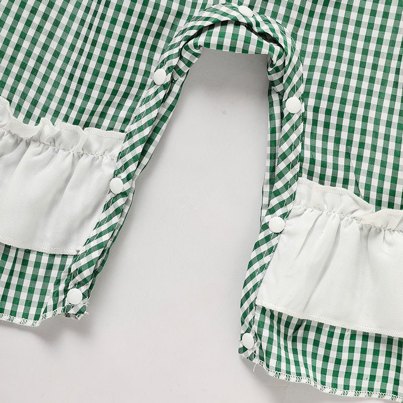 Ewborn Baby Girls Green Plaid Four - leaf Clover Allover Print One - piece Long Sleeve Bodysuit - Georgenest.com