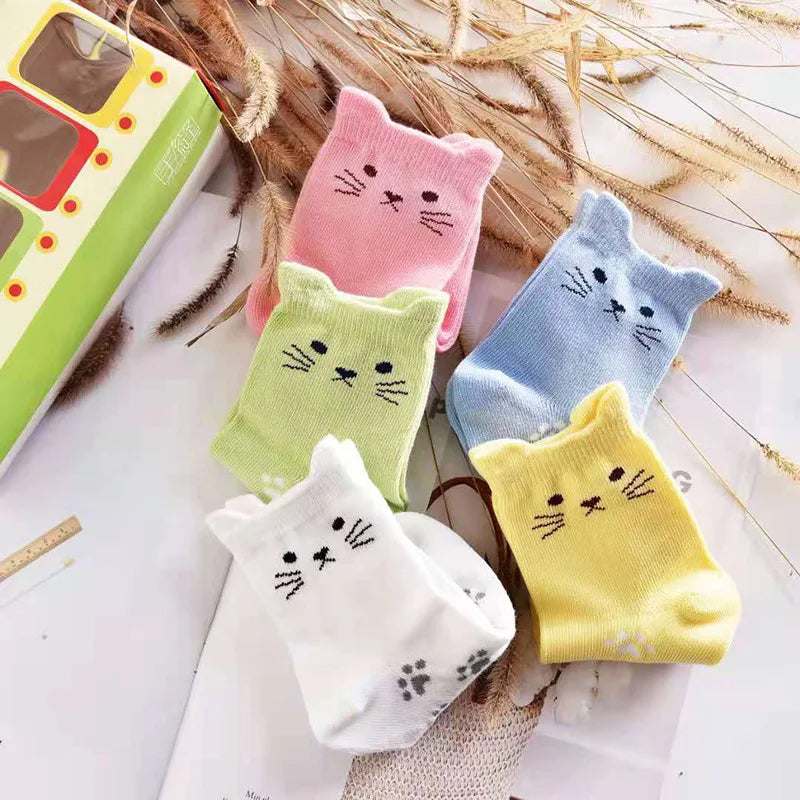 1 Pair Kids Socks Cotton Lovely Cat Ear Footprints Candy Color Tube Socks Girls Boys Children Cartoon Animal Print Socks Fashion