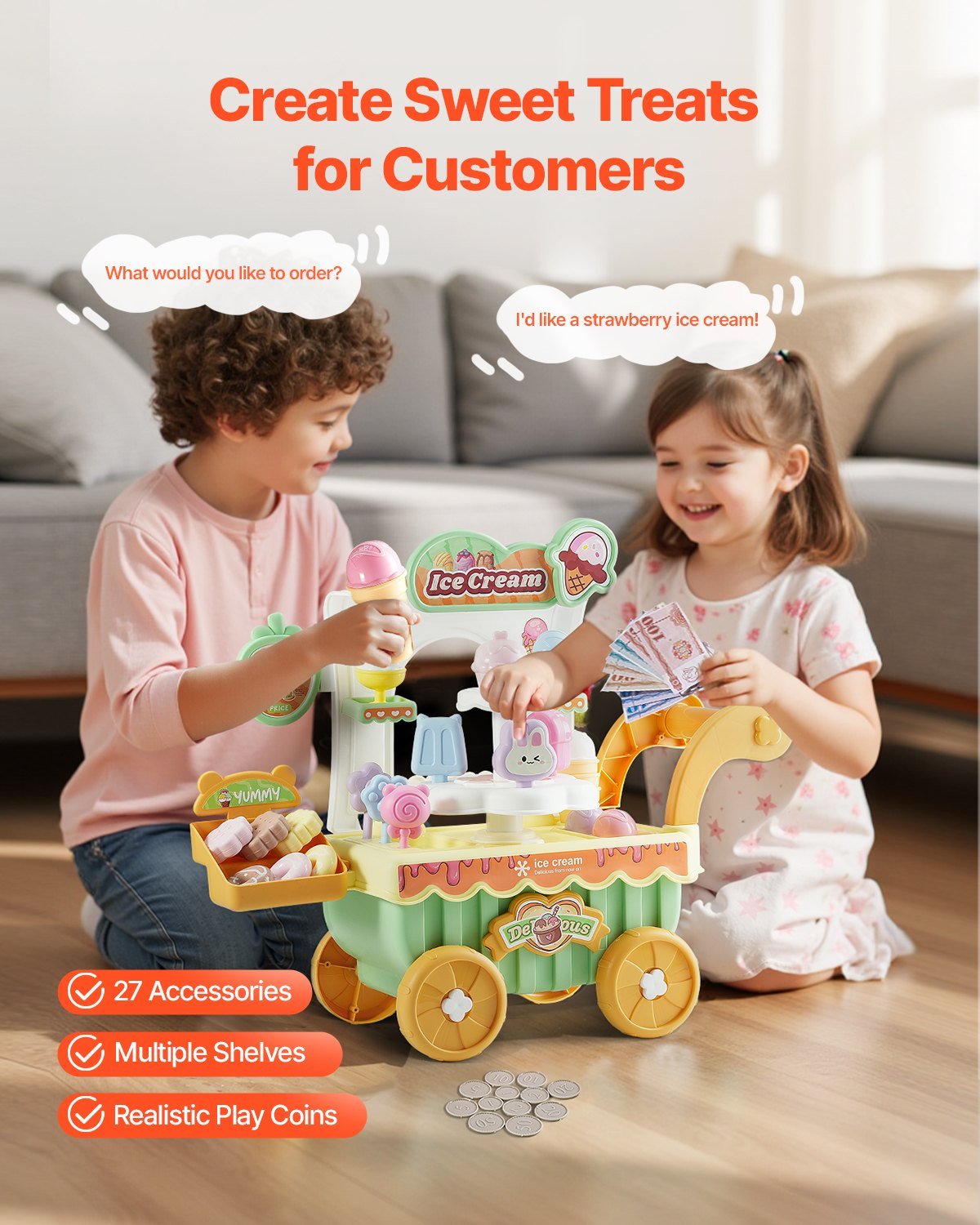 Interactive Kids' Ice Cream Cart Pretend Play Set - Georgenest.com