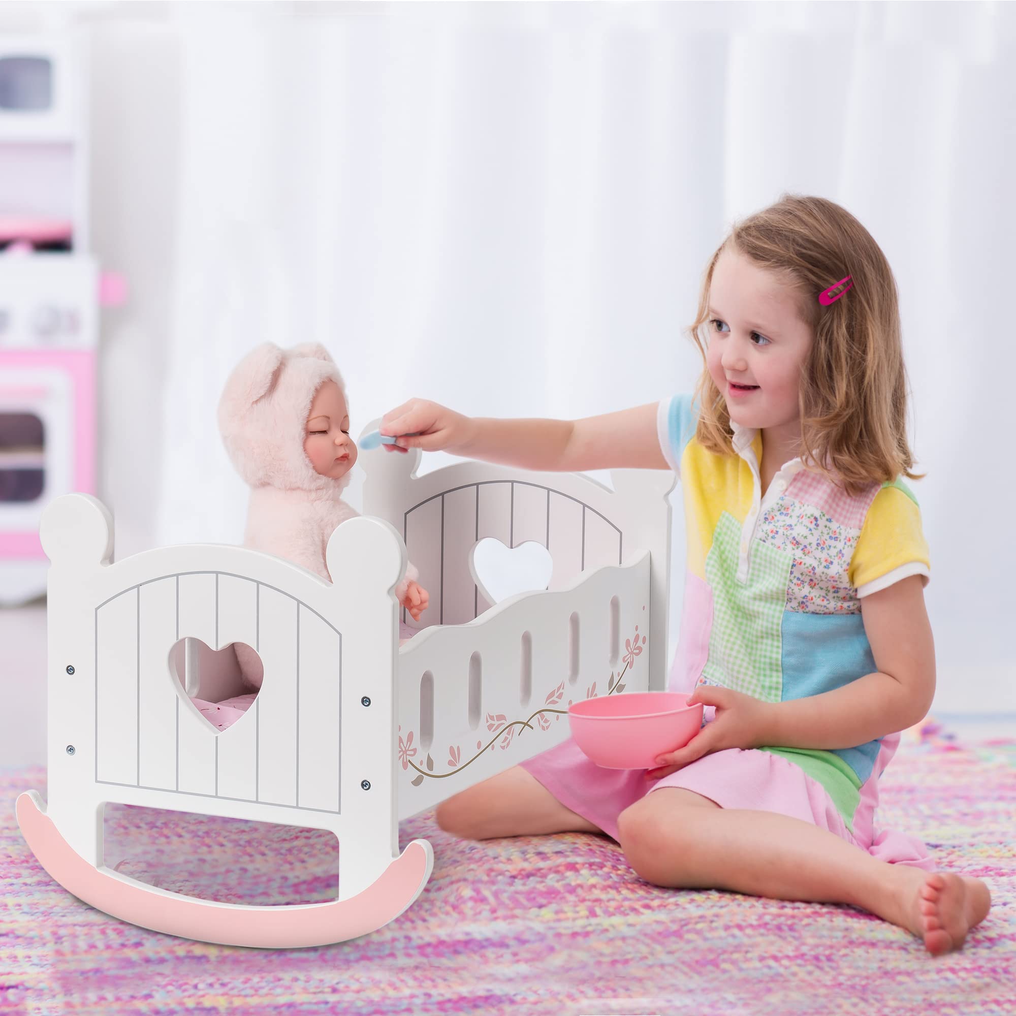 ROBOTIME Wooden Rocking Doll Cradle Bed for 18" Dolls - Georgenest.com
