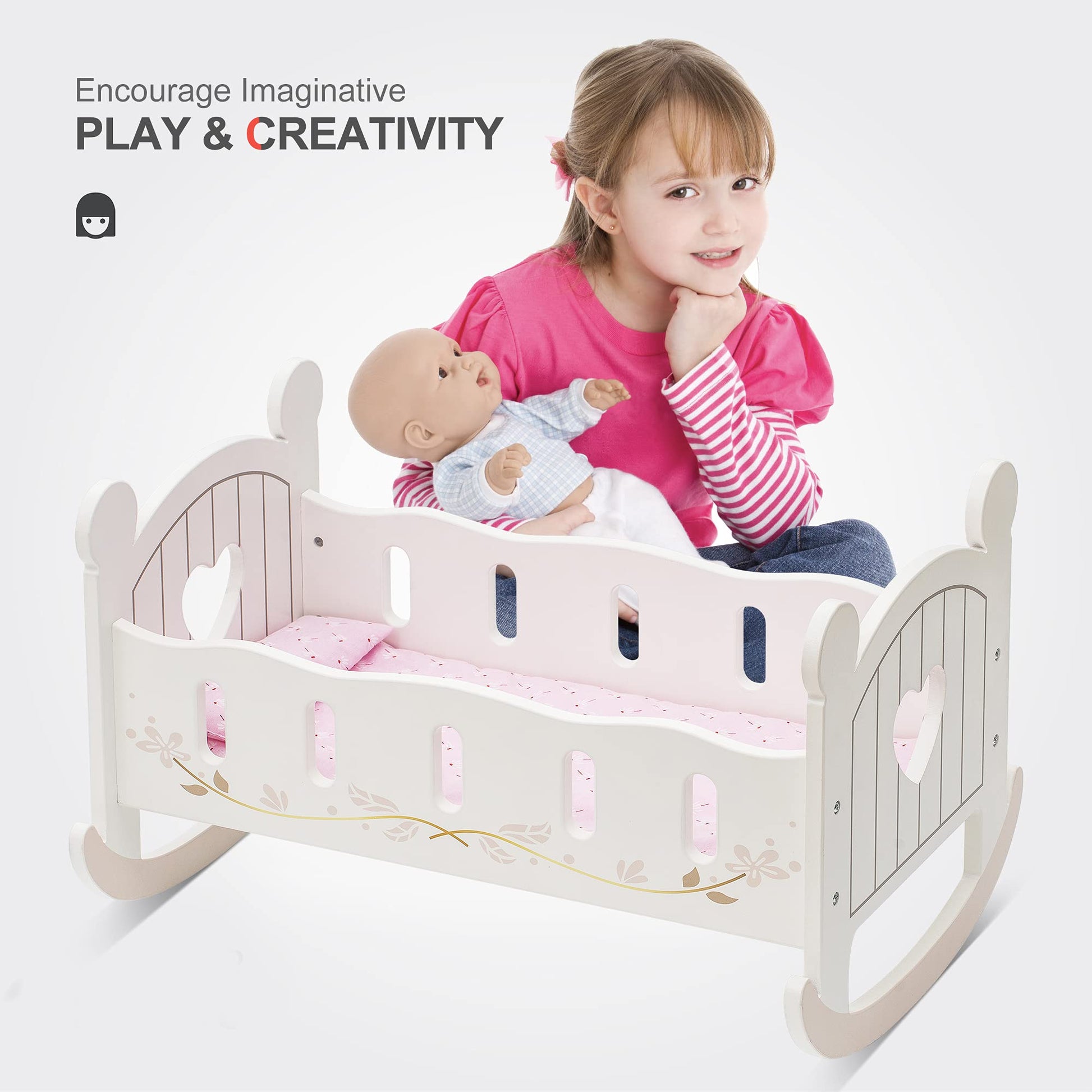 ROBOTIME Wooden Rocking Doll Cradle Bed for 18" Dolls - Georgenest.com