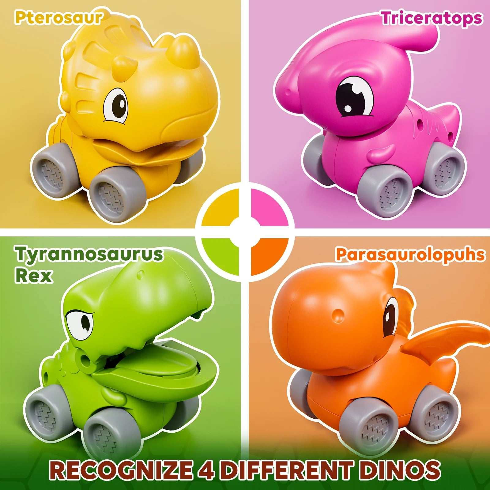 Dinosaur Toy Cars Set for 1-3 Year Old Boys, Pull Back & Friction Powered Trucks with Storage Bag - Georgenest.com