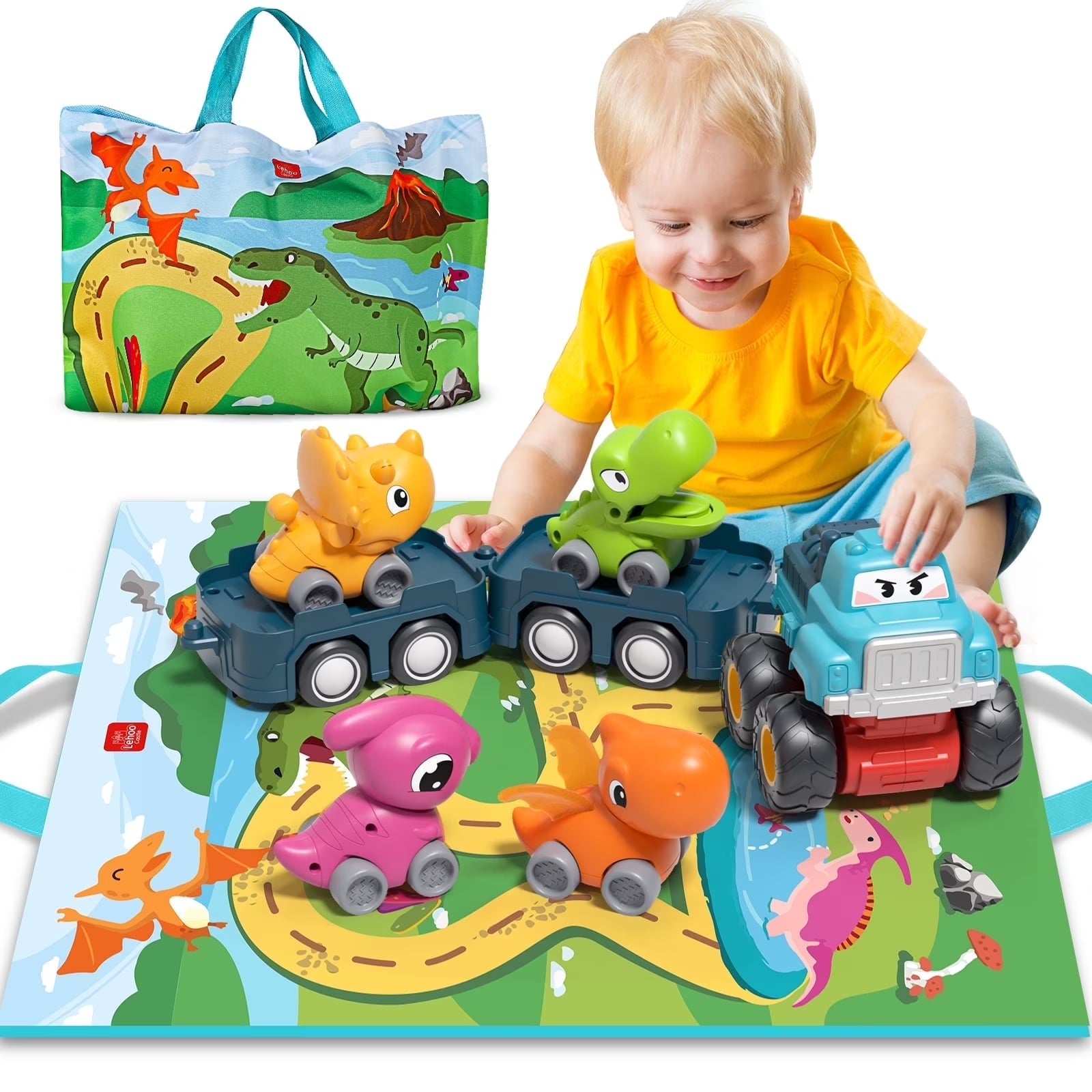 Dinosaur Toy Cars Set for 1-3 Year Old Boys, Pull Back & Friction Powered Trucks with Storage Bag - Georgenest.com