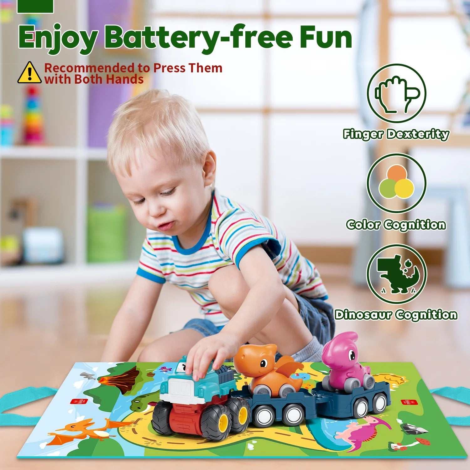 Dinosaur Toy Cars Set for 1-3 Year Old Boys, Pull Back & Friction Powered Trucks with Storage Bag - Georgenest.com