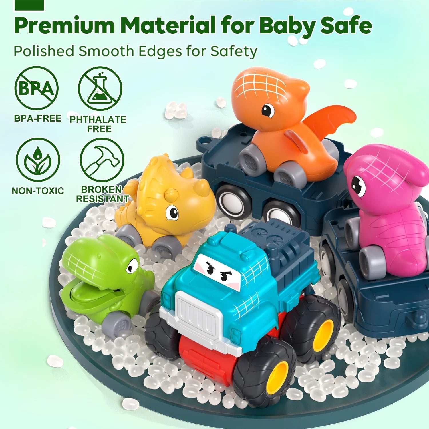 Dinosaur Toy Cars Set for 1-3 Year Old Boys, Pull Back & Friction Powered Trucks with Storage Bag - Georgenest.com